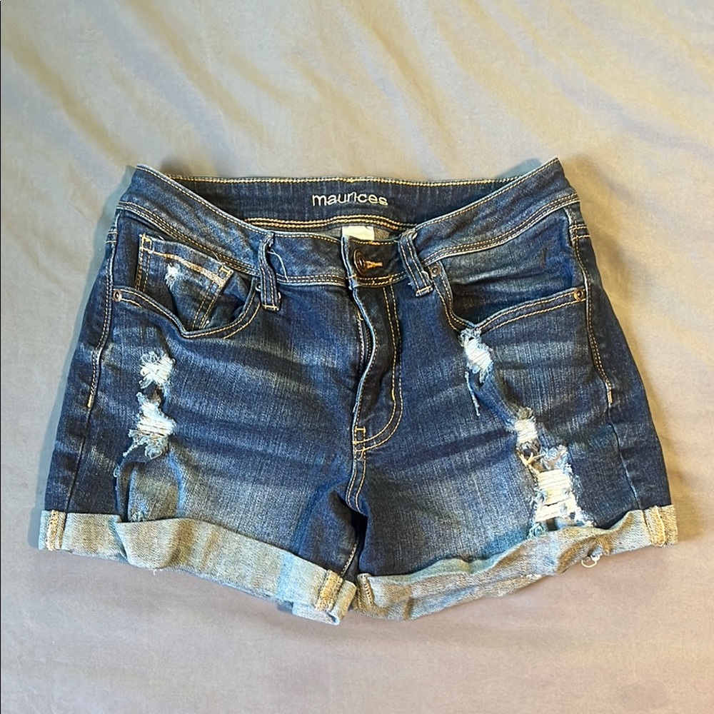 Maurices Blue Jean Shorts with Distressed Hem and Cuffed Edges